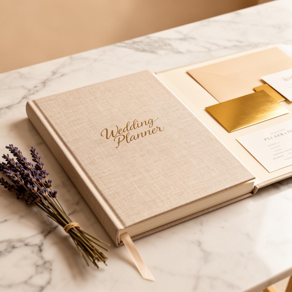 Prestige 111-page wedding planner with taupe and gold styling